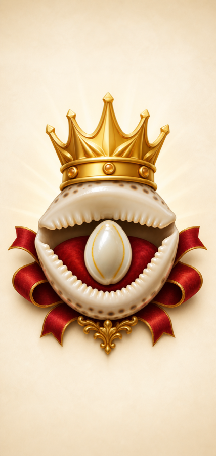 A royal crown above a Kaudi shell on a red ribbon